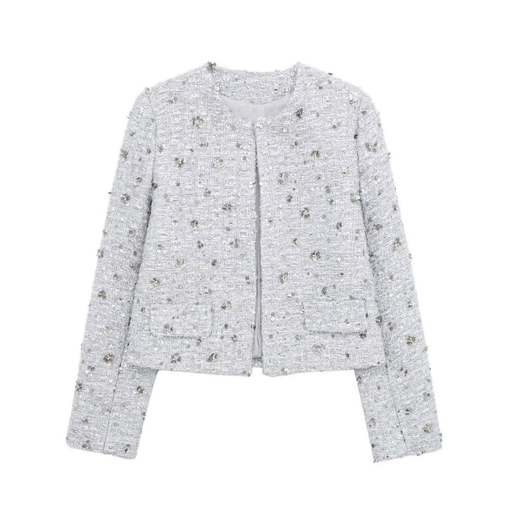 Dam kort-skärning Boucle Tweed jacka med floral sequin appliqué och öppen front