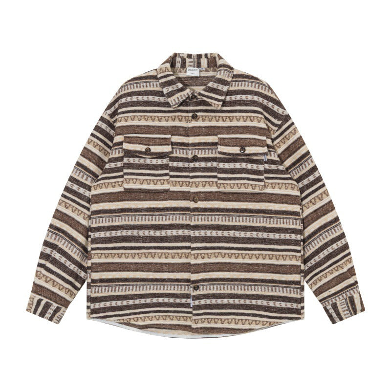 Unisex Oversized Stickad Skjorta Jacka i Ethnic Rand Mönster med Lockfickor