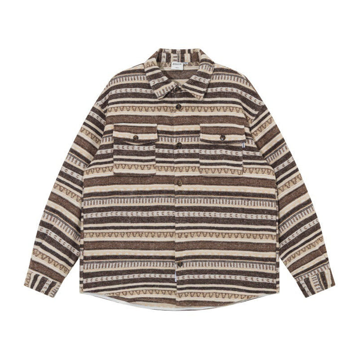 Unisex Oversized Stickad Skjorta Jacka i Ethnic Rand Mönster med Lockfickor