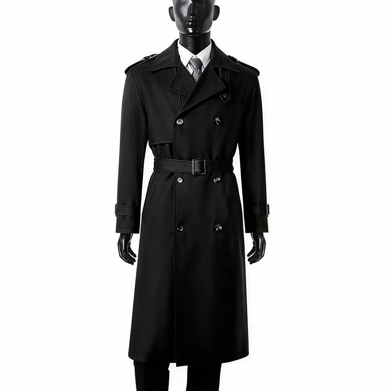 Herr Tidlös Maxi Lång Trench Kappa i Militär Stil med Storm Lock och Midja Bälte
