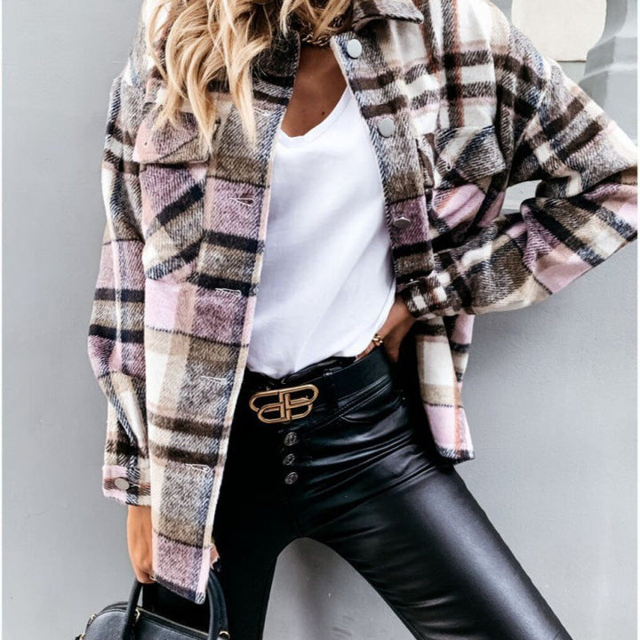 Dam oversized Check Shirt jacka med Snap knappar och Patch bröstfickor