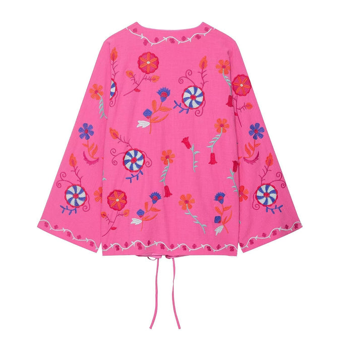 Dam 100+ Embroidered Kimono Jacka med Drawstring Nederkant och Wide Bell Ärmar
