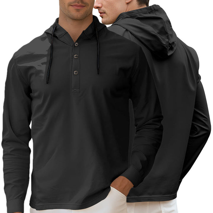 Herr med Huva Henley Lång Ärm Skjorta Gjord av Lätt Stretch Jersey med Dragsko