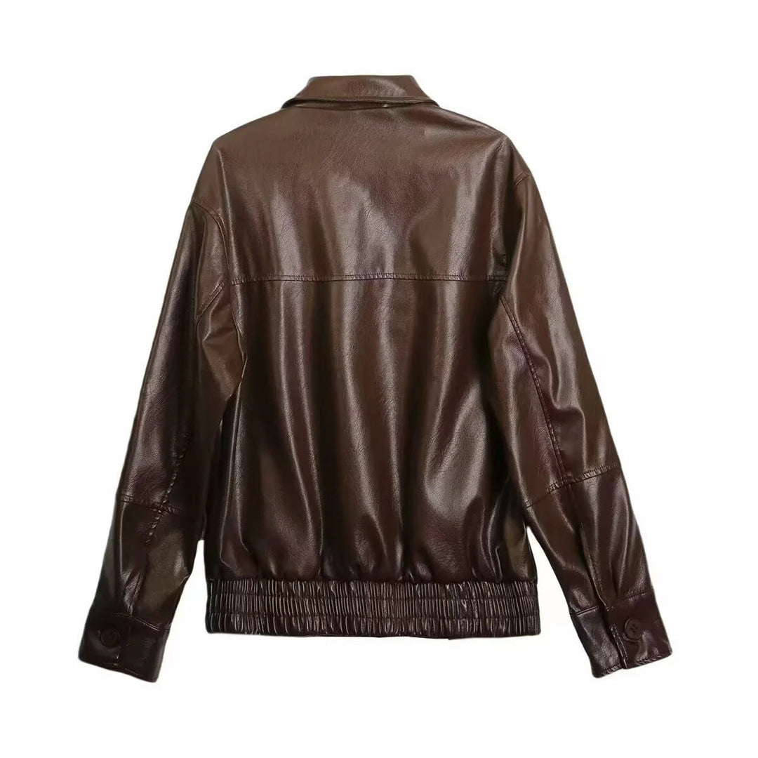 Dam oversized smooth läder look blouson med skjortkrage, alla-över dragkedja och elastic waistband