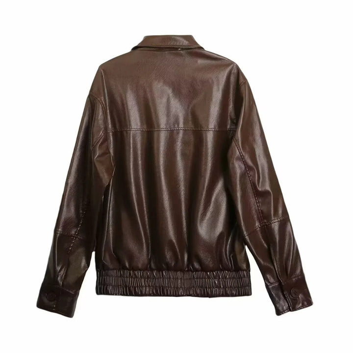 Dam oversized smooth läder look blouson med skjortkrage, alla-över dragkedja och elastic waistband