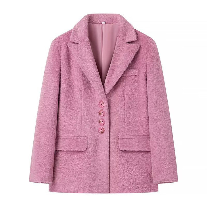 Dam figursydd kort kappa-blazer i teddy look med lapel krage och påsydda fickor