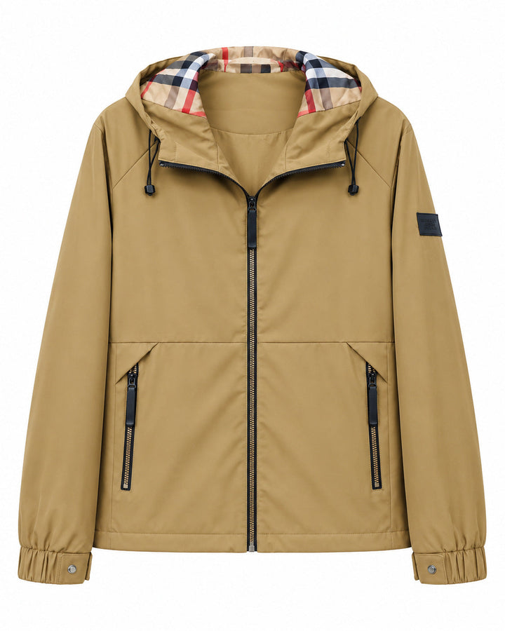 Herr lätt vindtät softshell med huva jacka med rutig lined huva