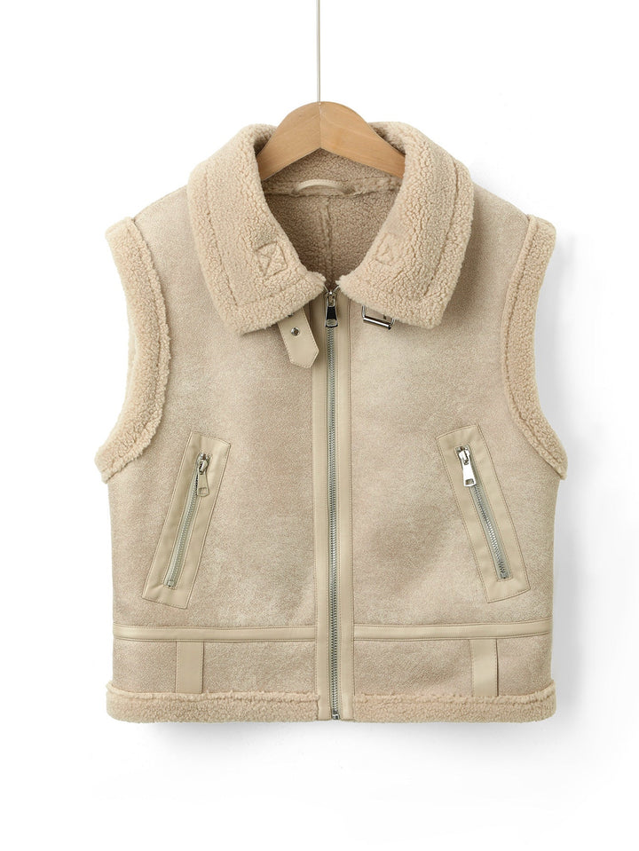 Dam ärmlös Lambskin look väst med teddyfoder och dragkedja