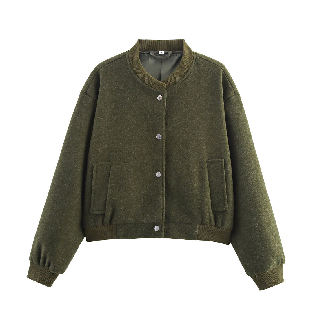 Dam Kort Oversize Collegejacka i Ull Blend med Tryckknapp Knapp Stängning, Side Fickor och Ribbed Muddar