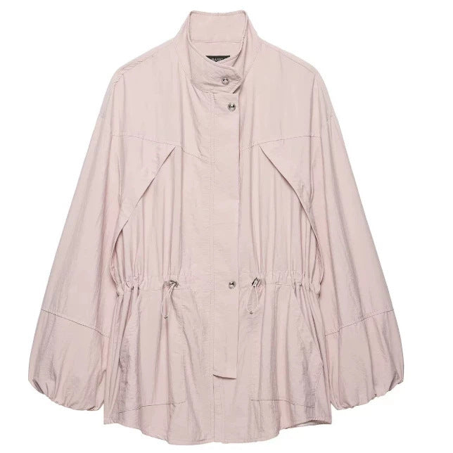 Dam Lätt Oversize Utilityjacka med Drawstring Waist, Stå Krage och Balloon Ärmar