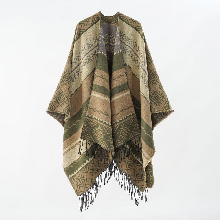 Dam Woven Jacquard poncho med Geometric Ethno mönster och Fringed fåll