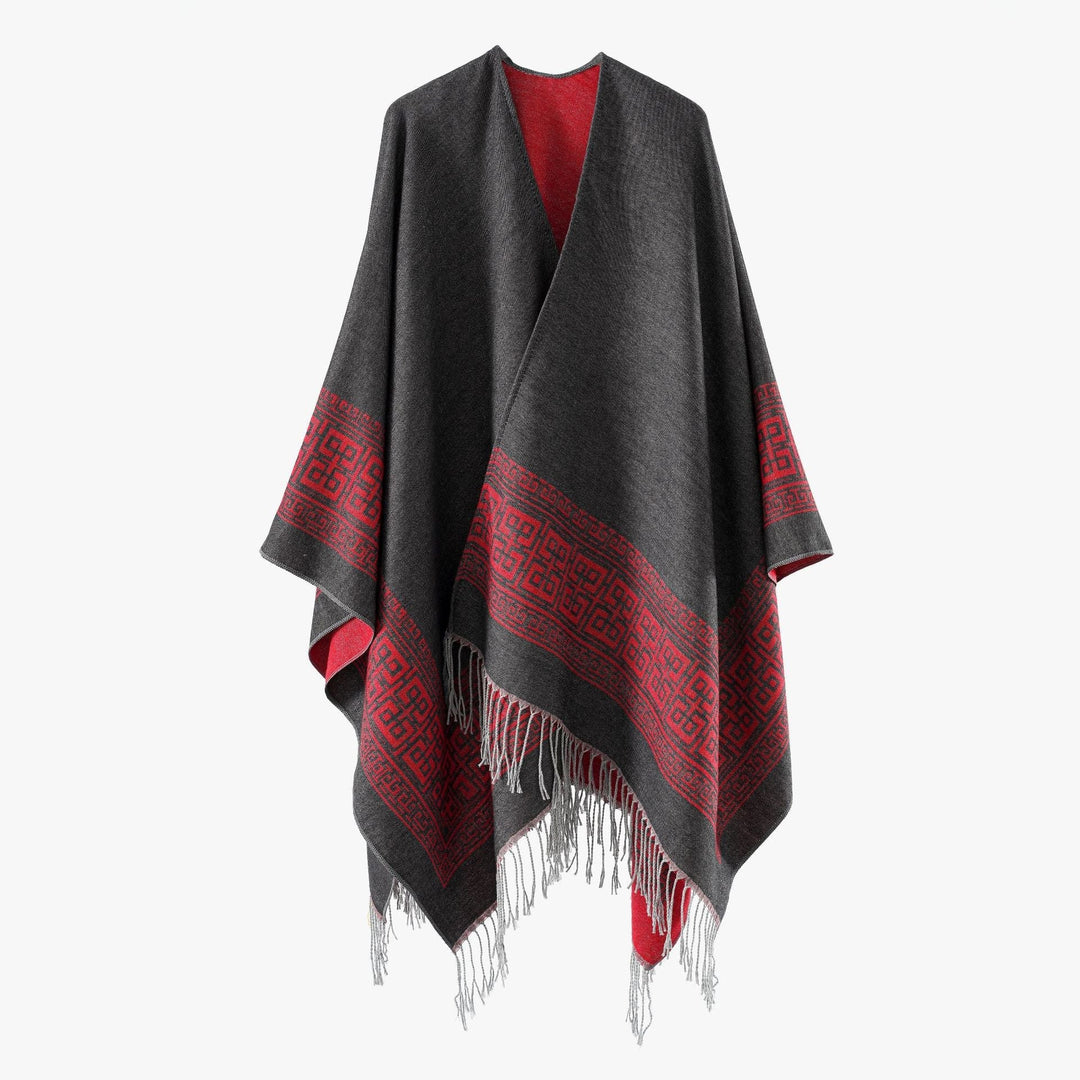 Dam Reversible ullblandning kimono stil Wrap med Ornamental Border och Decorative Fringes