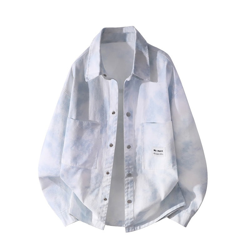 Unisex Oversize Skjortjacka med Tie-Dye Effect, Tryckknapp Knapp Front och Chest Fickor