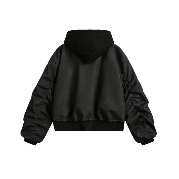 [Herr] kort skärning bomberjacka i vintage velvet look med integrerad huva, funktionell ärm ficka och ribbade muddar