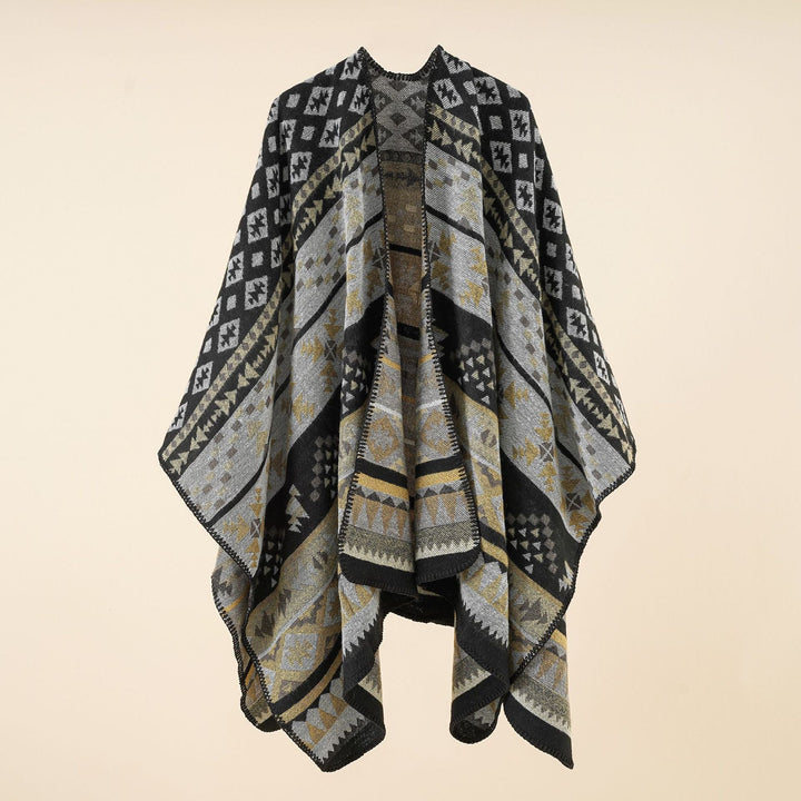 Dam coarse woven ethnic poncho med fringes