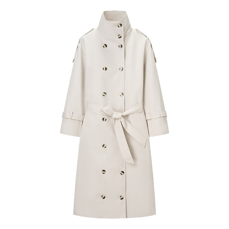 Dam Longer Dubbel-Breasted Trenchcoat med Hög Ståkrage och Midjebälte