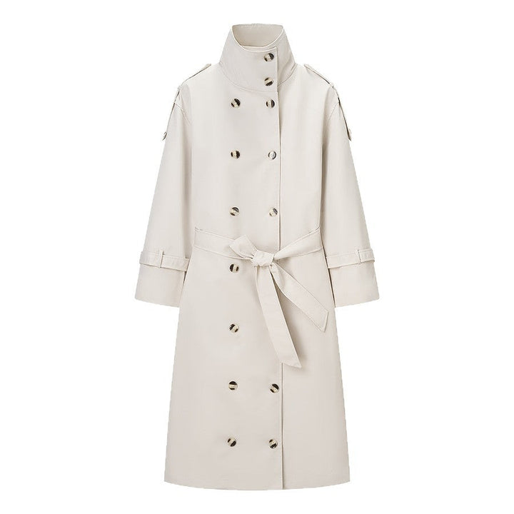 Dam Longer Dubbel-Breasted Trenchcoat med Hög Ståkrage och Midjebälte