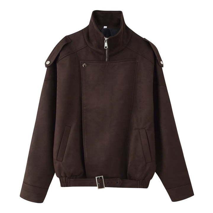 Dam Kort Jacka i Biker Blouson Stil med Bälte och Asymmetrical Lock