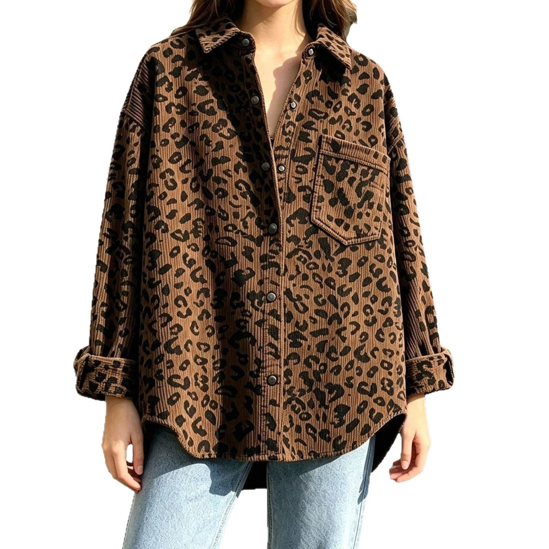 Dam Oversized Cord Skjorta Jacka med Leopardmönster och Tryckknapp Knappar