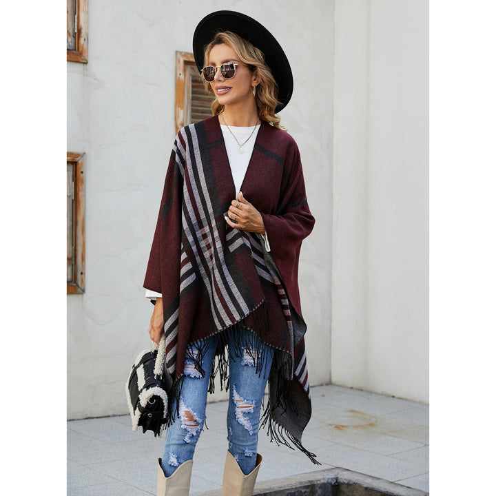 Dam Kastiger Ruana Wrap med Fringes och Diagonal Stripe Jacquard