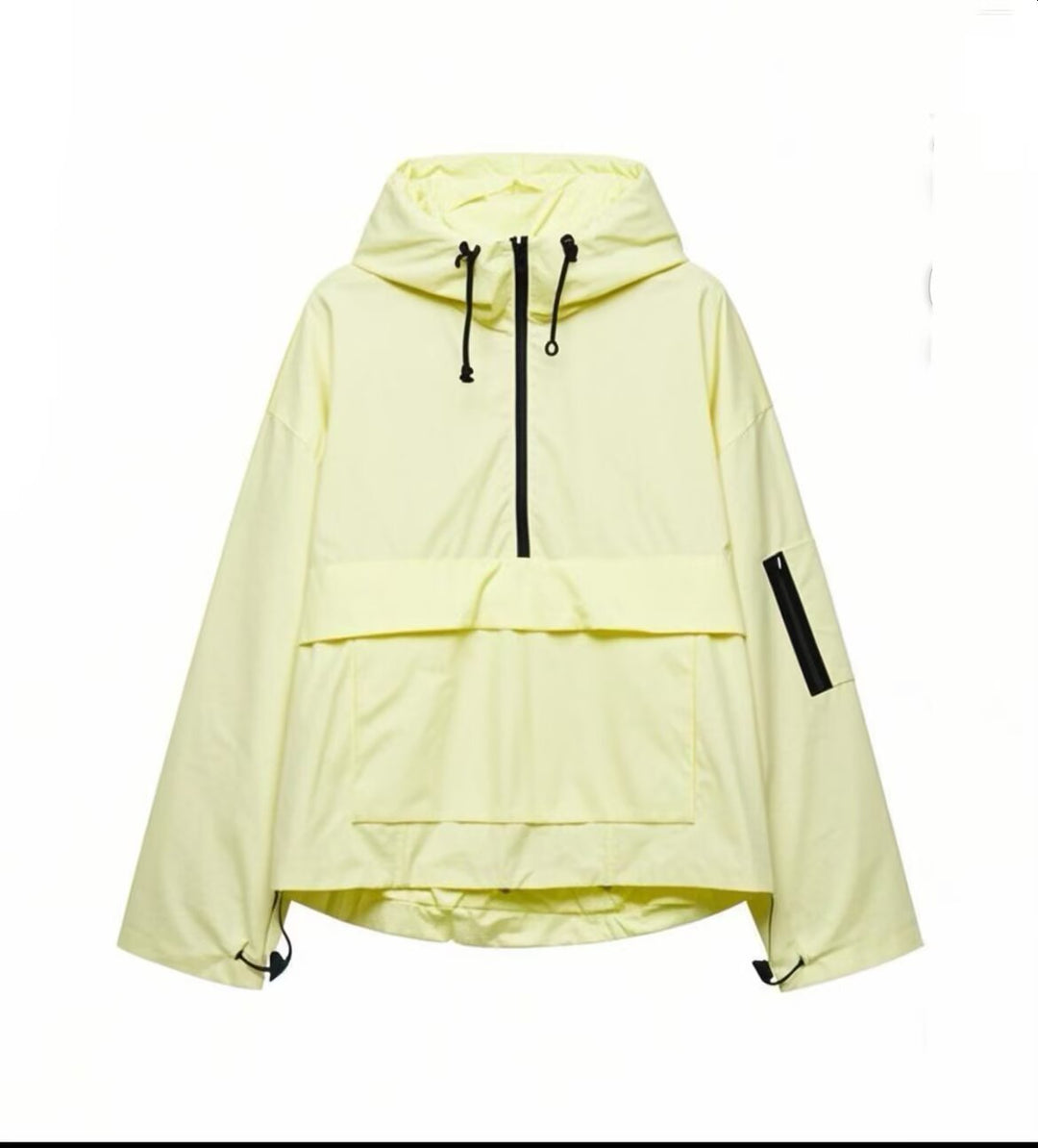 Dam Oversized Vindjacka-Anorak med Huva, Halv Dragkedja och Känguruficka