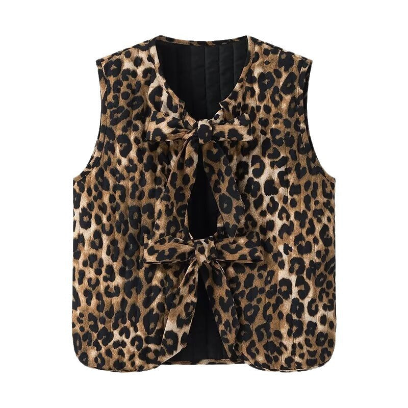 Dam ärmlös Leopard tryck väst med Ties och Textured Surface