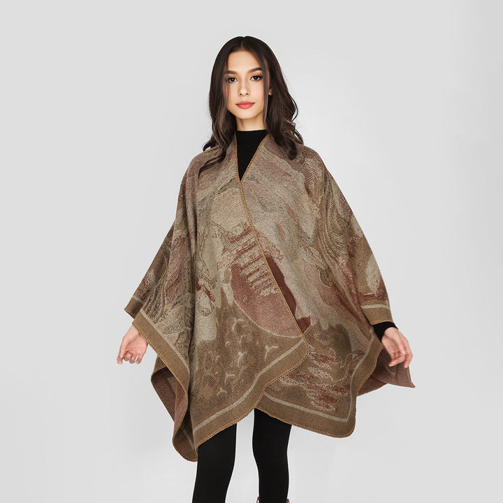Dam jacquard stickad cape med floral graphic och asymmetrical fåll