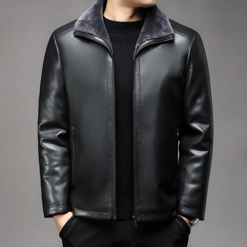 Herr Läder Jacka med Varm Lambskin Foder och Ståkrage