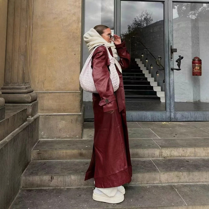 Dam lång konstläder trenchcoat med midjebälte, vid Lapels och Water-Resistant Surface
