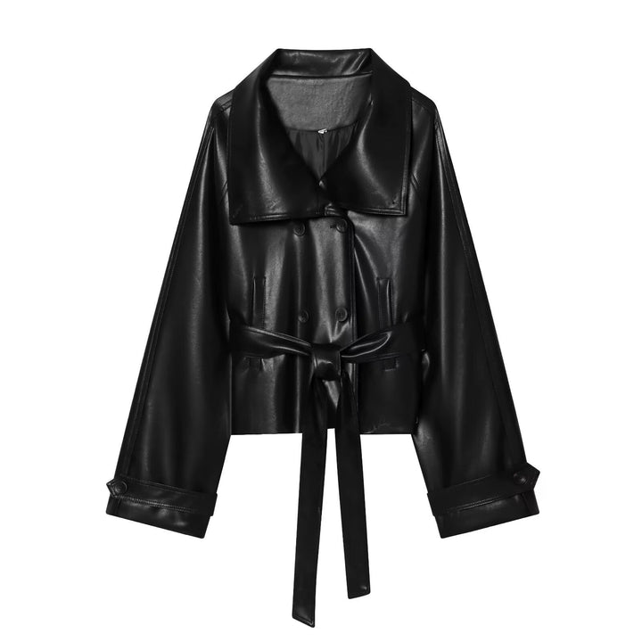Dam Kort Skärning Faux Läder Trenchcoat med Oversize Lapels, Double-Breasted Knapp Knäppning och Tied Belt