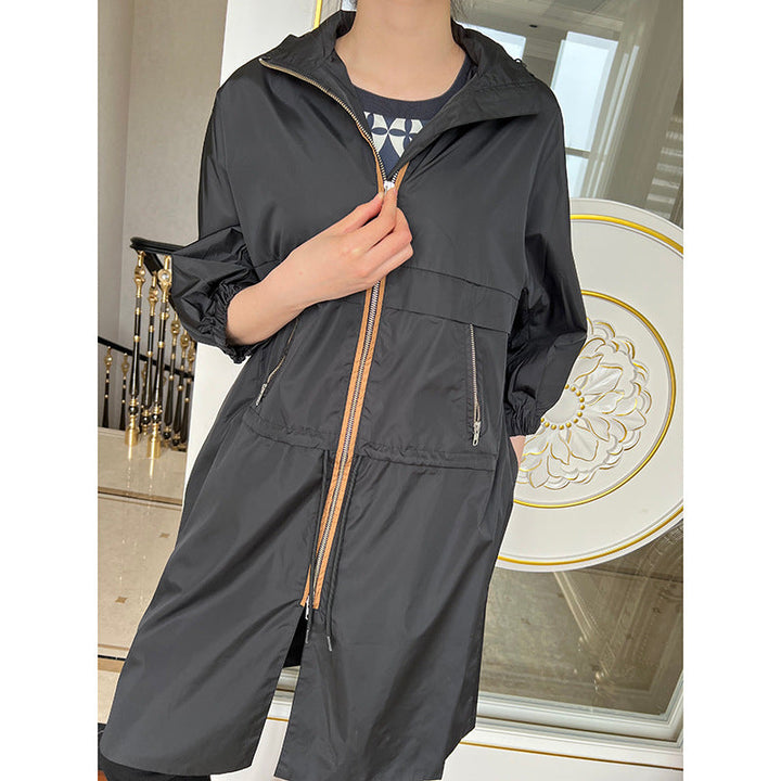 Dam lätt oversize Raincoat med huva, två-Way dragkedja och dold dragkedja fickor