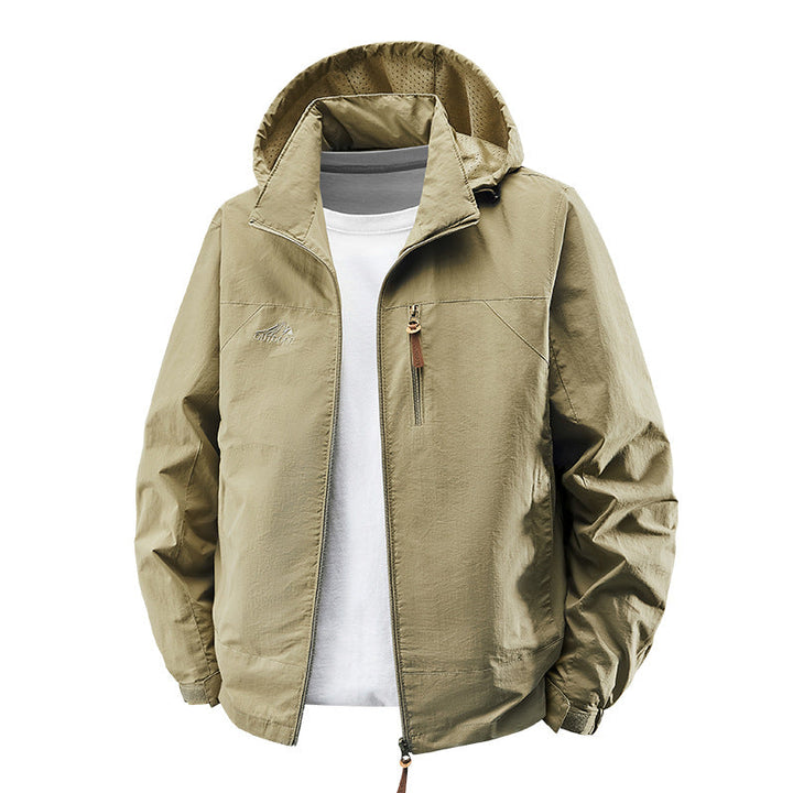 Men Packable Vind och Regnjacka med Perforated Huva Foder, Bröst Zip och Dragsko
