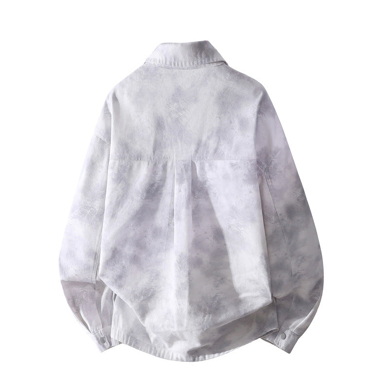 Unisex Oversize Skjortjacka med Tie-Dye Effect, Tryckknapp Knapp Front och Chest Fickor