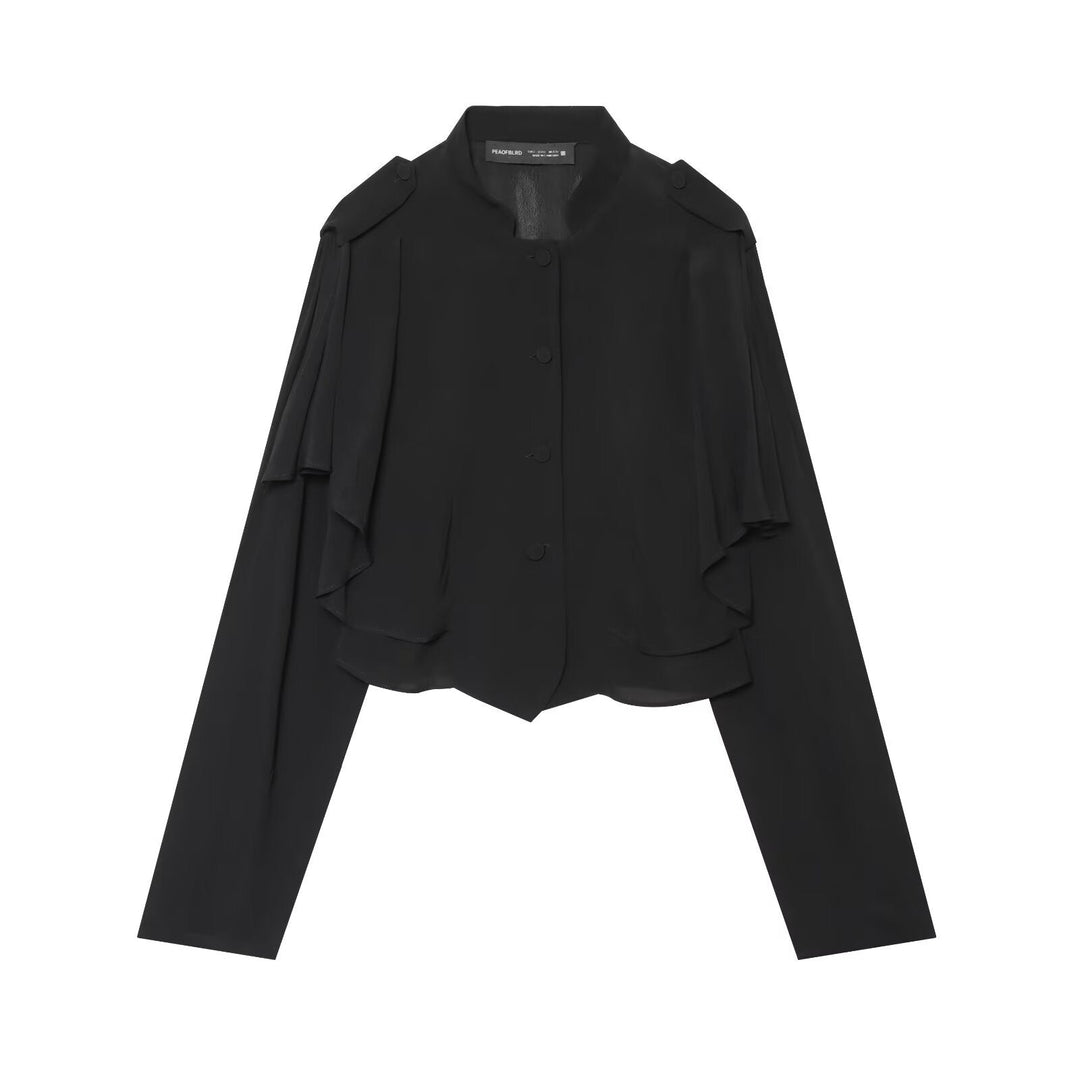 Dam Kort Jacka med Layered Ruffles, Stå Krage och Dold Knapp Knäppning