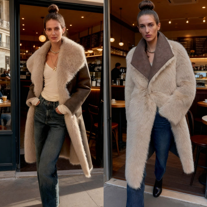 Dam Lång Konstpäls Shearling Kappa med Oversized Sjalrakrage och Utanpåfickor