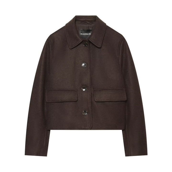Dam Kort Boxig Ull Blouson med Skjort Krage och Lock Fickor