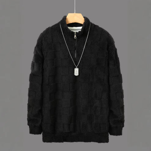 Herr Rutig Sherpa Halv Dragkedja Pullover med Hög Ståkrage och Mjuk Teddy Fleece Quality