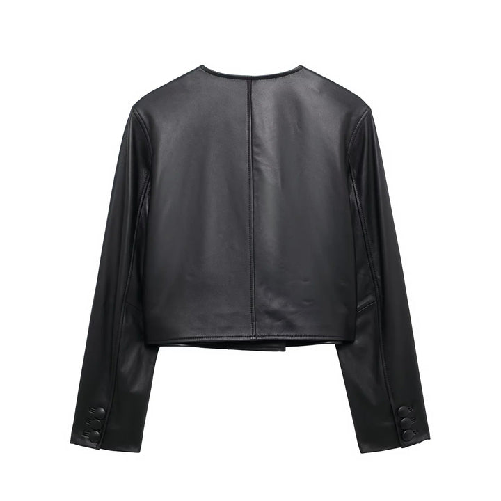 Dam cropped konstläderjacka med round neckline, double-breasted knäppning och påsydda fickor