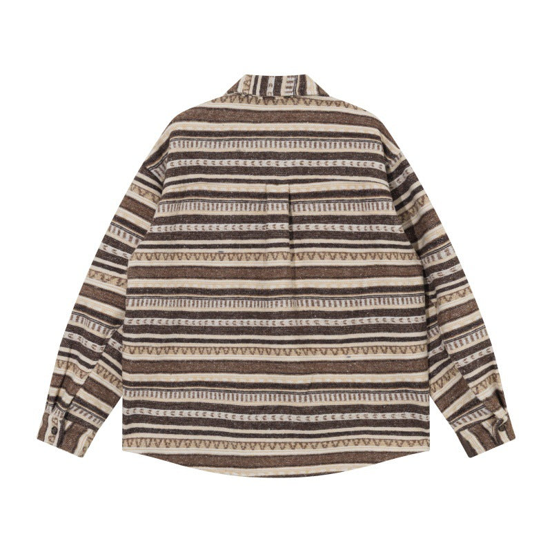 Unisex Oversized Stickad Skjorta Jacka i Ethnic Rand Mönster med Lockfickor