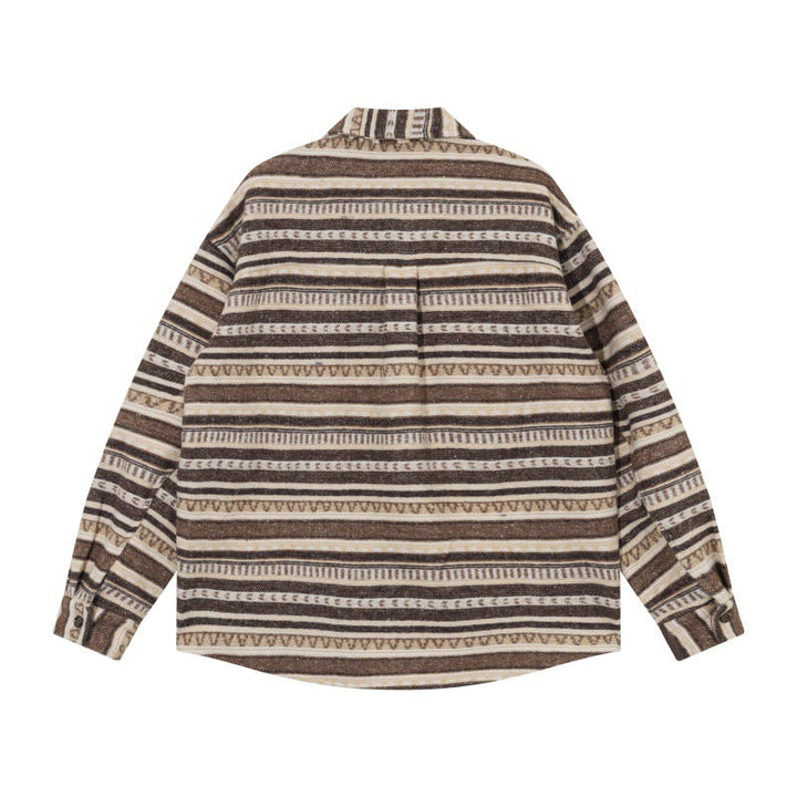 Unisex Oversized Stickad Skjorta Jacka i Ethnic Rand Mönster med Lockfickor