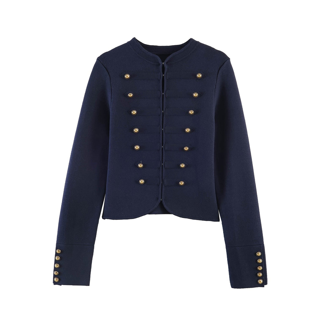 Dam Collarless Kort Military Jacka med Dekorativ Brass Knapp Knäppning