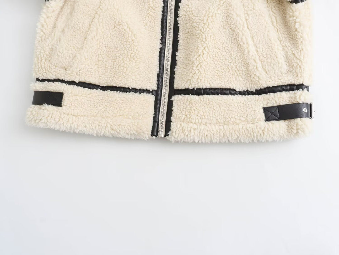 Dam oversize teddy jacka in Aviator stil med konstläder Piping, Stand krage och dragkedja