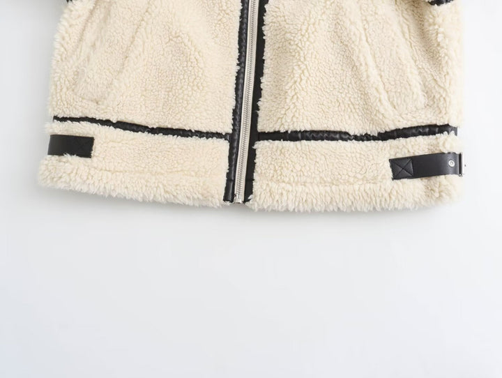 Dam oversize teddy jacka in Aviator stil med konstläder Piping, Stand krage och dragkedja