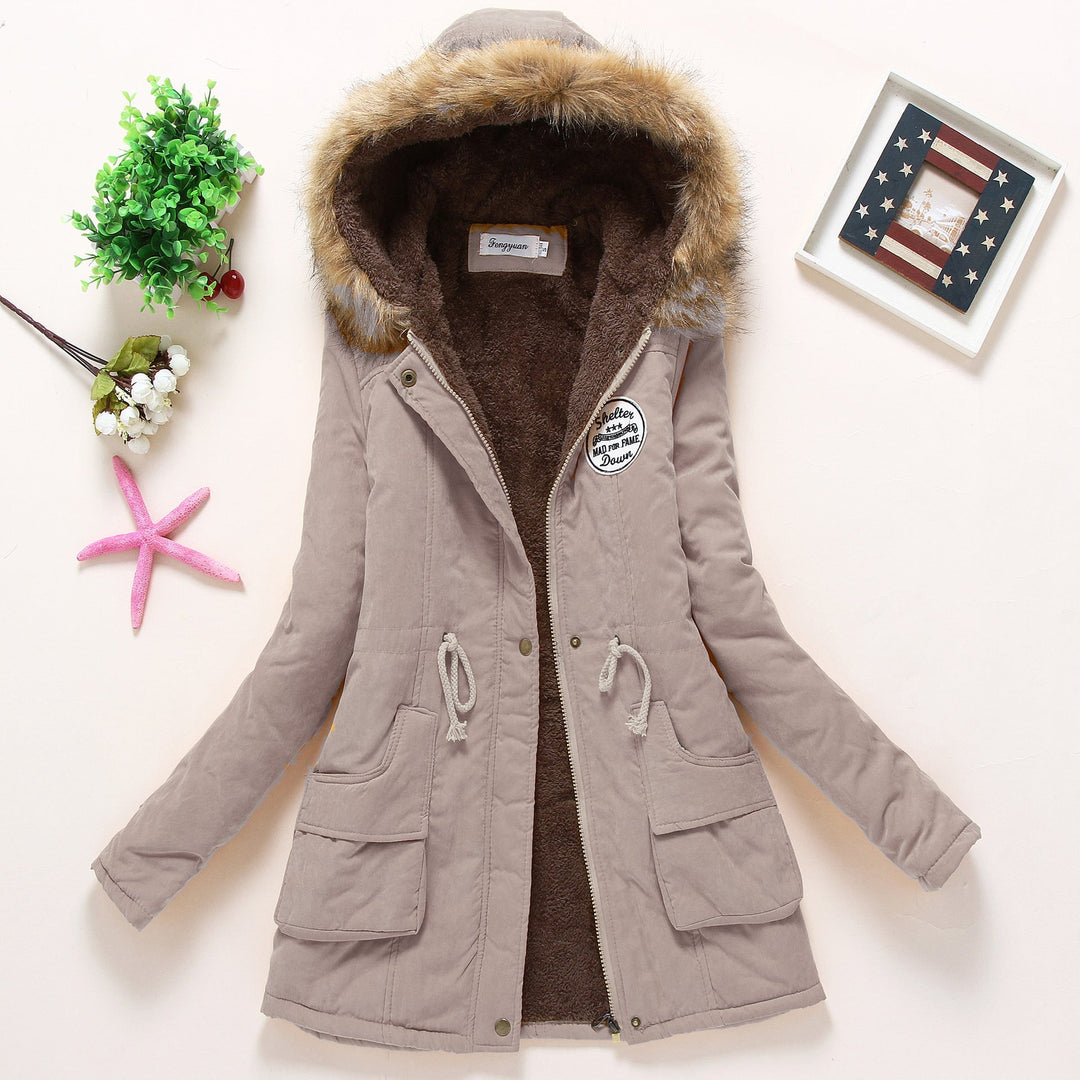 Dam high-värmande vinter parka med teddy foder, drawstring och faux fur kant
