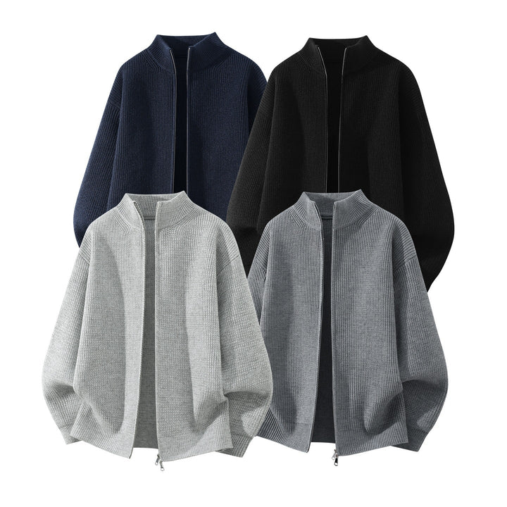 Herr Oversized Chunky Stickad Dragkedja Cardigan med Ståkrage och Tvåvägsdragkedja