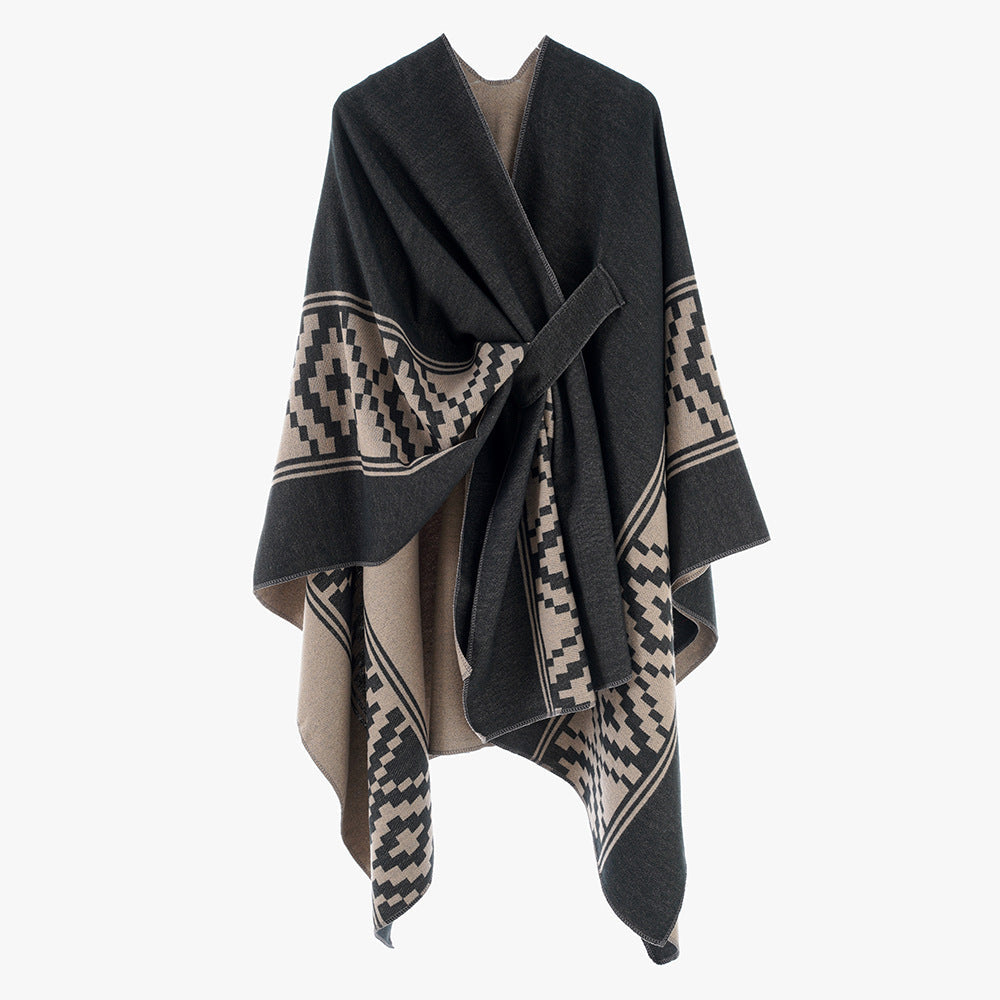 Dam Jacquard Ruana med TIE bälte och geometric mönster