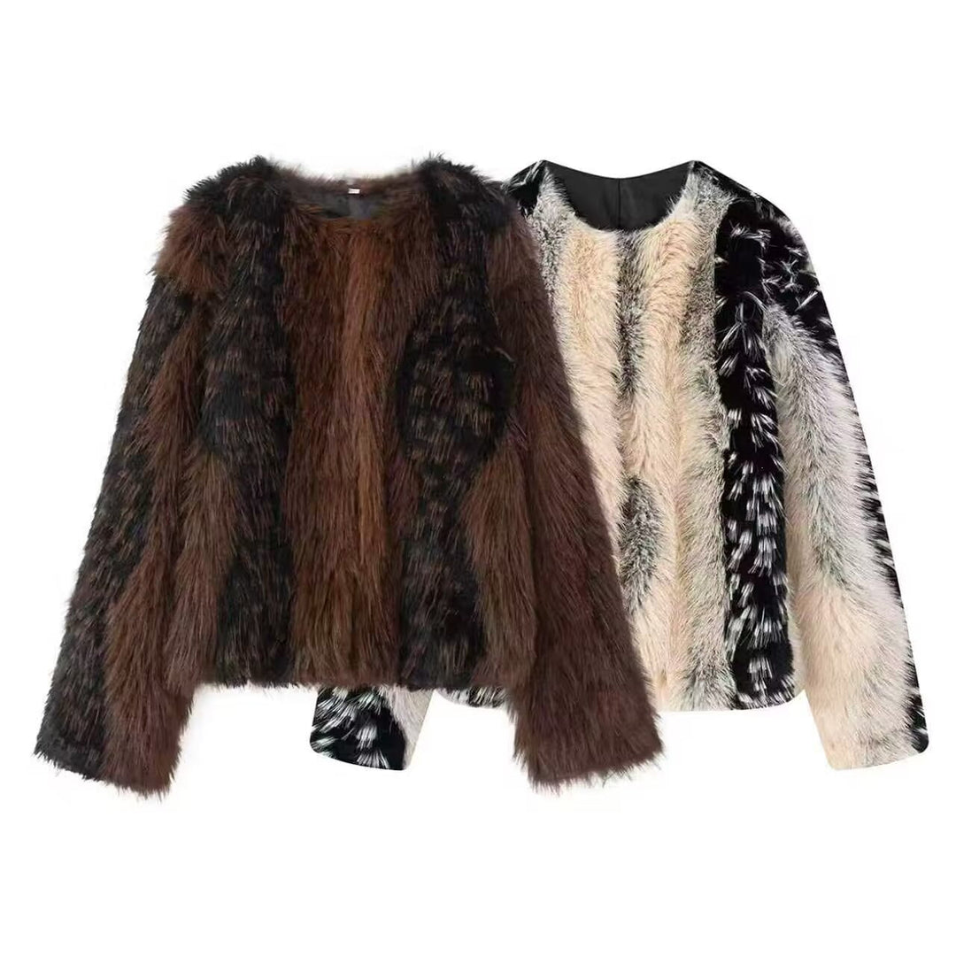 Dam kort skärning Faux Fur jacka med randig Fur Texture