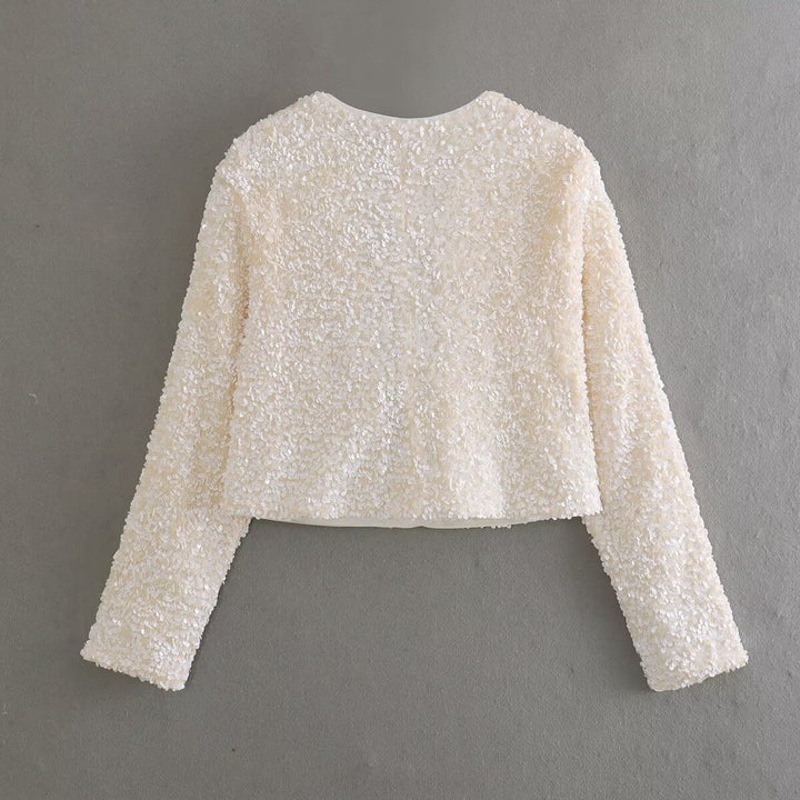 Dam sparkling cropped bolero jacka med sequin kant och decorative satin bows