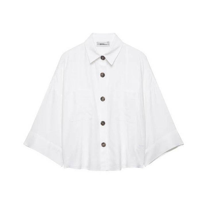 Dam Oversized Skjorta Jacka med Three-Quarter Kimono Ärmar och Utanpåfickor