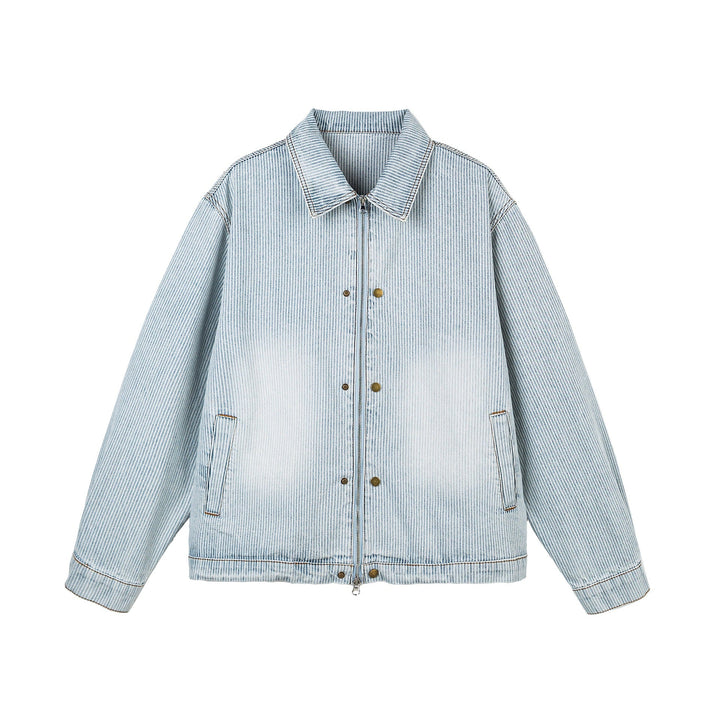 Dam Oversized Denim Jacka i Workwear Stil med Fin Ränder och Tvåvägsdragkedja